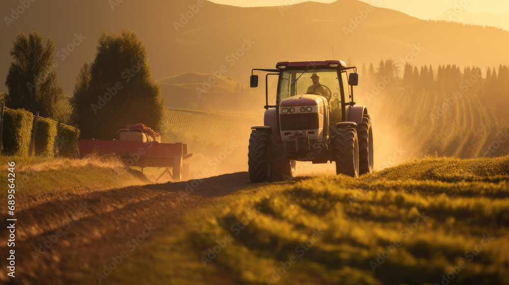 Agricultural tractor spraying plants in the morning sunlight Agricultural tractor spraying plants in the morning sunlight