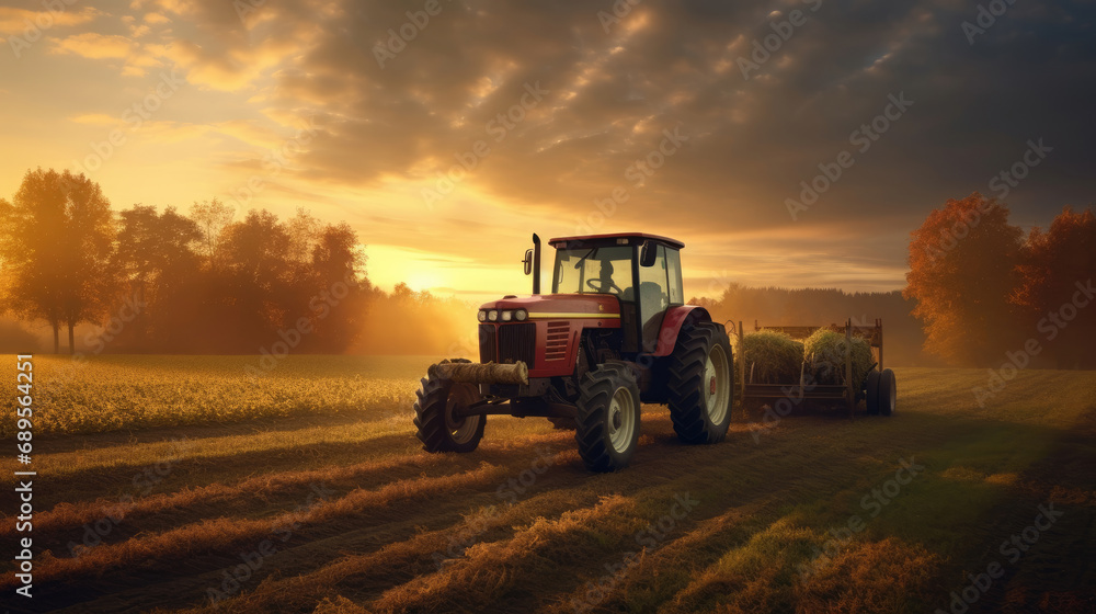 Fototapeta premium Agricultural tractor spraying plants in the morning sunlight