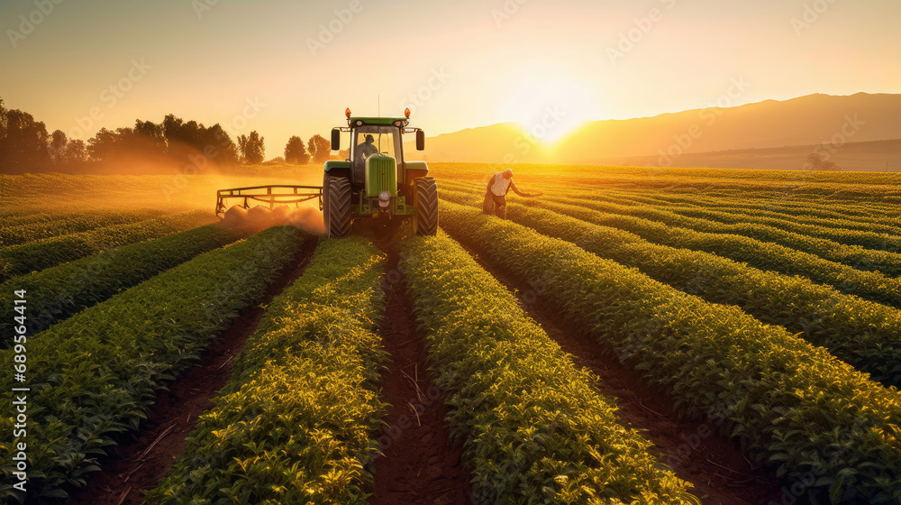 Fototapeta premium Agricultural tractor spraying plants in the morning sunlight
