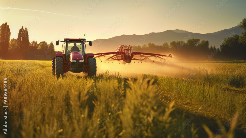 Fototapeta premium Agricultural tractor spraying plants in the morning sunlight