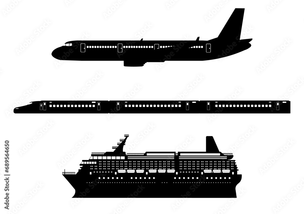 飛行機と新幹線と客船のシルエット