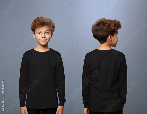 Front and back views of a little boy wearing a black long-sleeve T-shirt