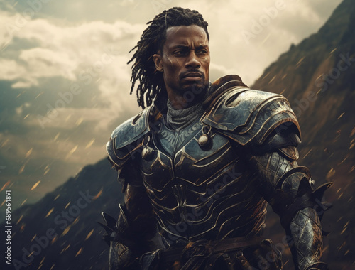 A black man as a mystical warrior in armor