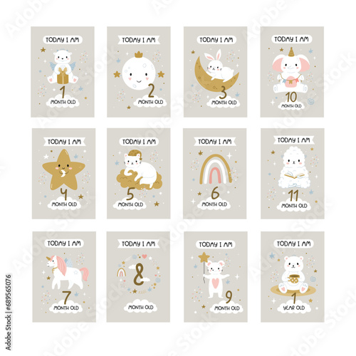 Vector baby milestone cards with animals and numbers © Juliya Kochkanyan