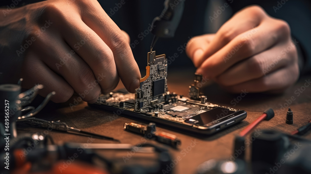 A technician repairing a broken smartphone - obrazy, fototapety, plakaty 