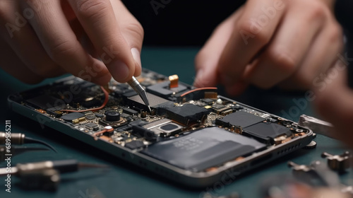 A technician repairing a broken smartphone