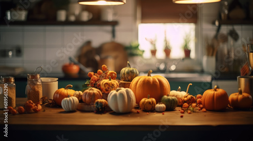 A kitchen adorned with seasonal delights like pumpkins and leaves photo