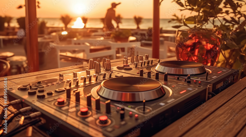 Dj console with beers and cocktails at the beach party