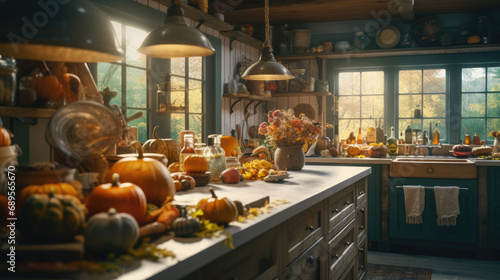 A kitchen adorned with seasonal delights like pumpkins and leaves © didiksaputra