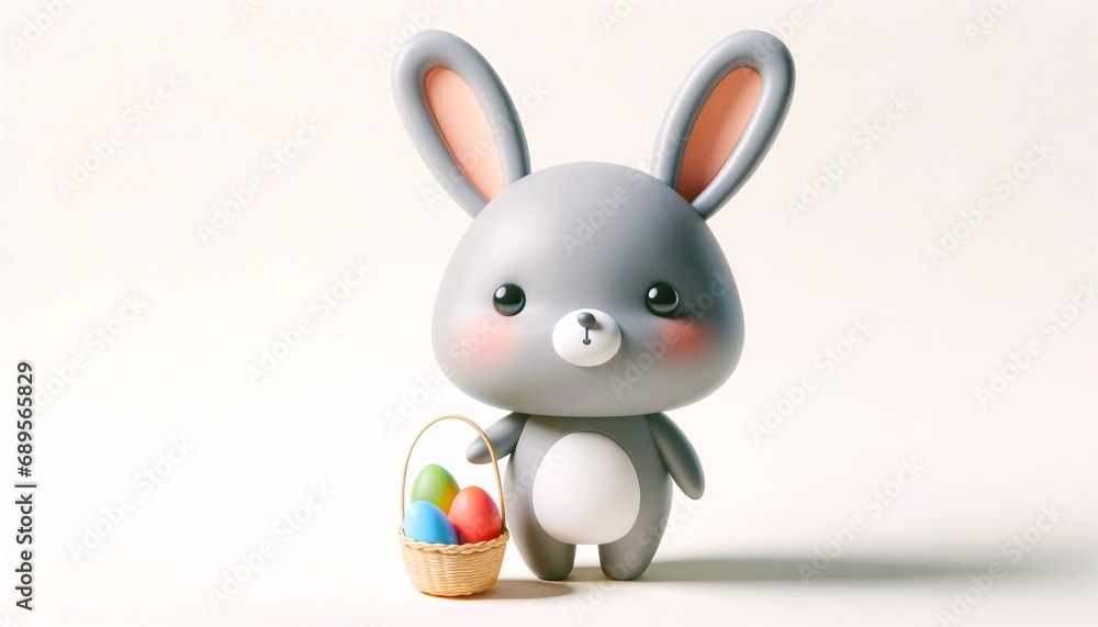 Charming grey bunny with a tiny basket of Easter eggs on white backdrop. Perfect for greeting cards, banner, or design. Simple 3D illustration Charming grey bunny with a tiny basket of Easter eggs on white backdrop. Perfect for greeting cards, banner, or design. Simple 3D illustration