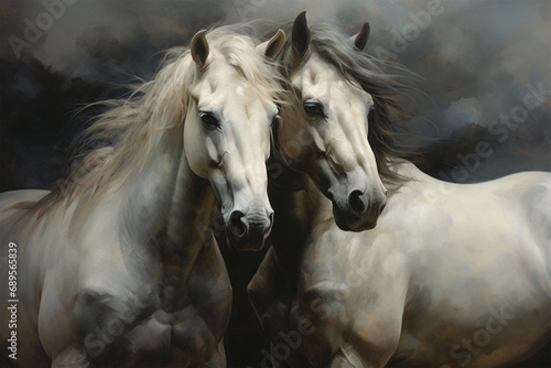 a pair of horses are hugging