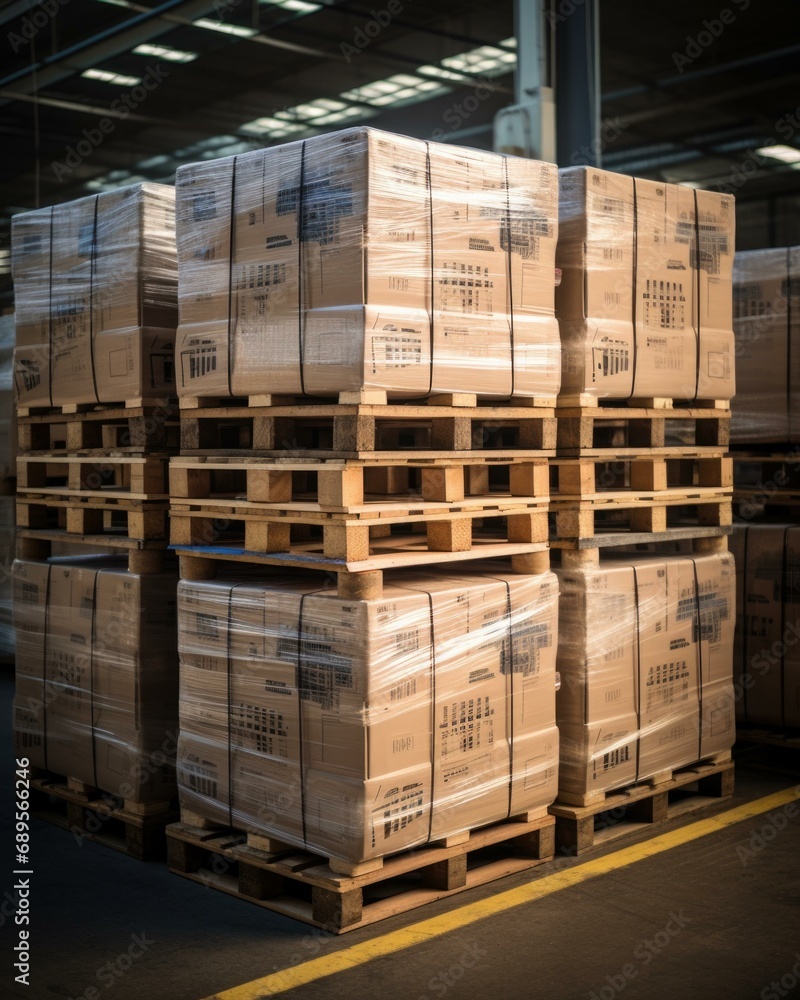 A large warehouse with pallets stacked on top. Generative AI. A large warehouse with pallets stacked on top. Generative AI.