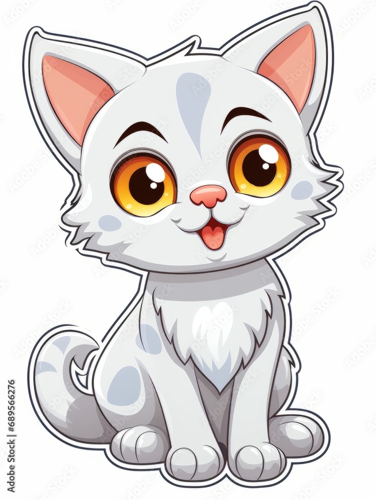 Funny white kitten sticker in cartoon style on white background isolated, AI Funny white kitten sticker in cartoon style on white background isolated, AI