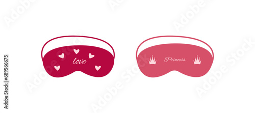 Set of sleep masks, pink and red.
Night eye mask with crowns, hearts, with the inscriptions: “princess”, “love”.
Accessories for night, relaxation, travel. Vector collection on white background.
