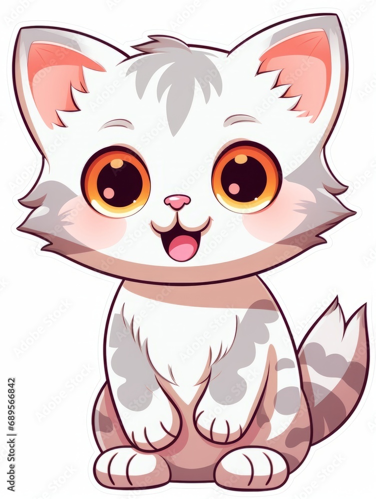 Funny Kitten sticker in cartoon style on white background isolated, AI Funny Kitten sticker in cartoon style on white background isolated, AI
