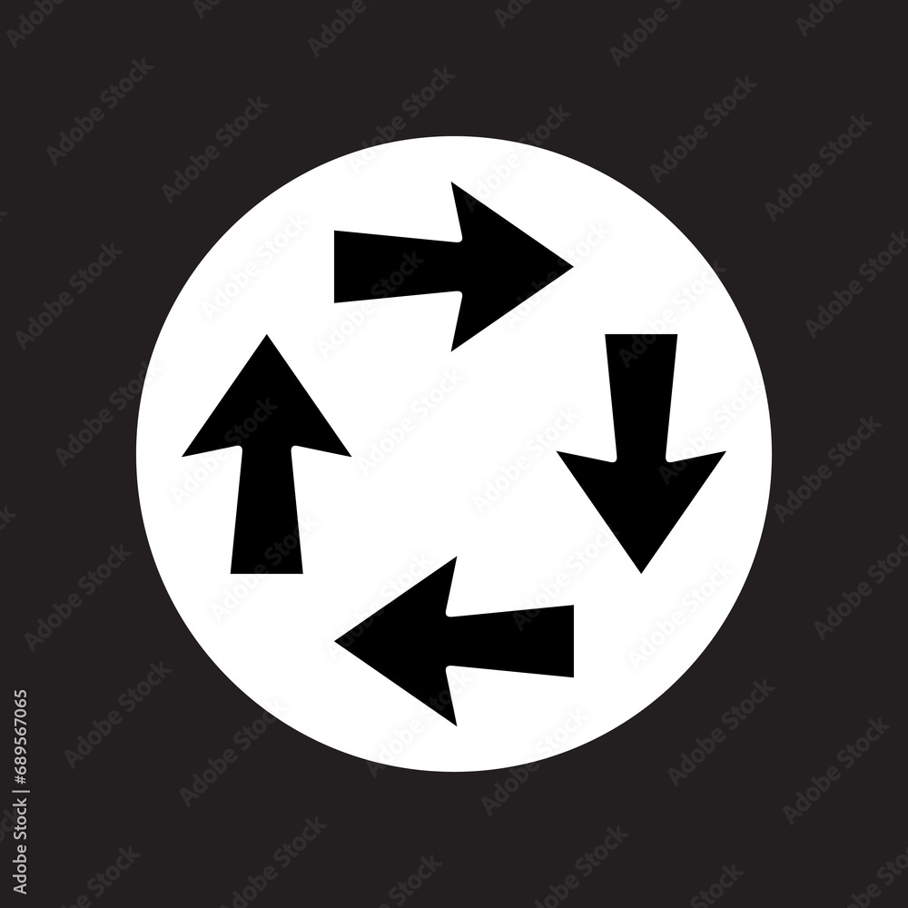 Arrows in different direction icon vector. Four Arrows logo design. Recycling vector icon illustration in circle isolated on black background	