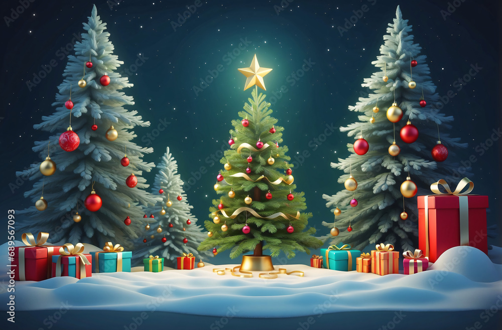 Obraz premium Christmas and New Year background. Xmas pine fir lush tree. golden gifts box. Glass Balls hanging on ribbon. Bright Winter holiday composition. Greeting card, banner, poster, Place for text, 3d style
