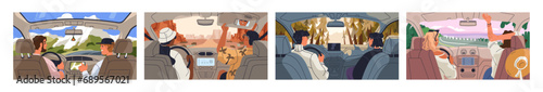 Driving car, inside back view on driver and passenger. Auto interior with people, at steering wheel, dashboard. Friends, couples ride, travel. Holiday road trip in nature set. Flat vector illustration