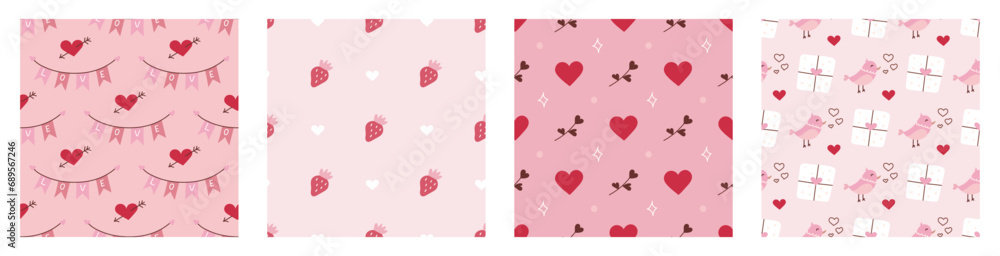 Set of seamless patterns for Valentines Day. Romantic vector backgrounds. Ornament for postcards, wallpapers, wrapping paper