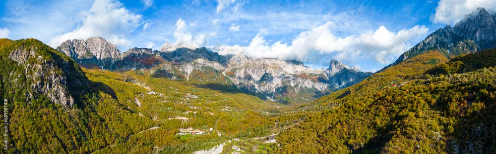 Mountain Panorama in the Northern Albanian Alps near Theth in Autumn Colors