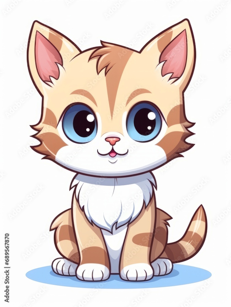 Funny Kitten sticker in cartoon style on white background isolated, AI Funny Kitten sticker in cartoon style on white background isolated, AI