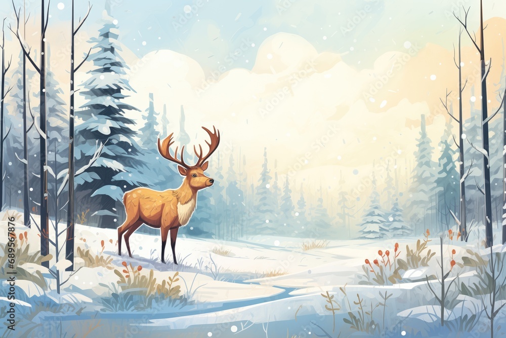 snow-covered elk in meadow at the edge of a snowy forest snow-covered elk in meadow at the edge of a snowy forest