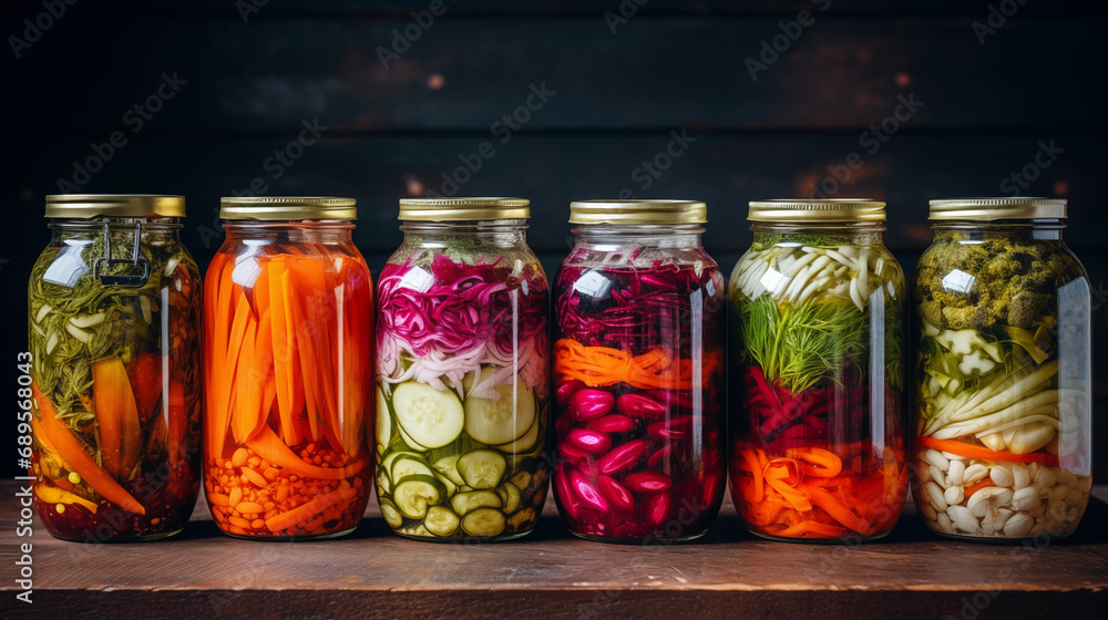 Marinated pickles variety preserving jars. Homemade green beans, squash, cauliflower, carrots, red chili peppers pickles. Fermented food. AI generative. Marinated pickles variety preserving jars. Homemade green beans, squash, cauliflower, carrots, red chili peppers pickles. Fermented food. AI generative.