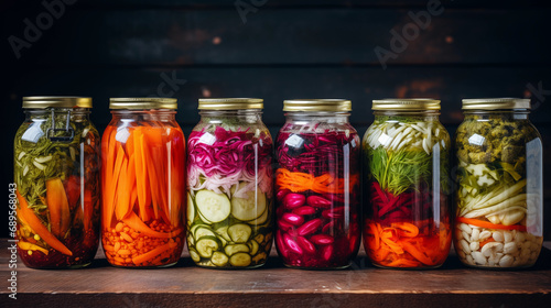 Marinated pickles variety preserving jars. Homemade green beans, squash, cauliflower, carrots, red chili peppers pickles. Fermented food. AI generative.