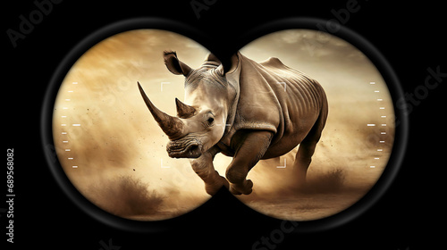 Binoculars Point of View with a beautiful large white or grey rhino as he runs quickly through the savannah, raising the dust on the ground. Action shot.