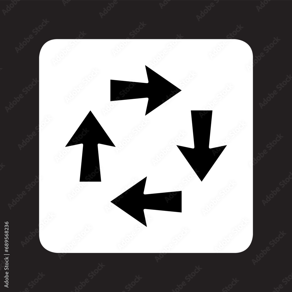 Arrows in different direction icon vector. Four Arrows logo design. Recycling vector icon illustration in square isolated on black background Arrows in different direction icon vector. Four Arrows logo design. Recycling vector icon illustration in square isolated on black background