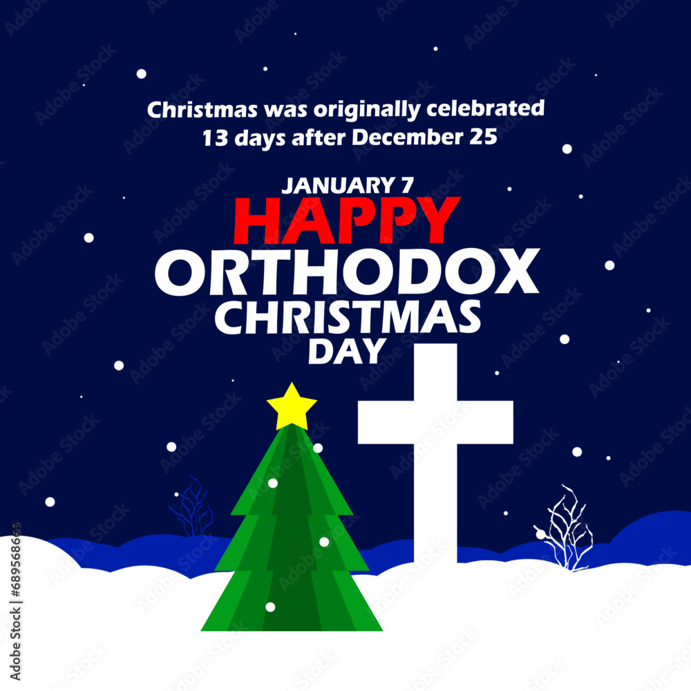 Fototapeta premium Orthodox Christmas Day event banner. A cross in the snow with a Christmas tree on a snowy night, with bold text on dark blue background to commemorate on January 7th