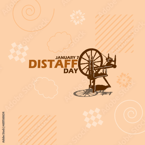 Distaff day event banner. A traditional wooden tool for winding thread, with bold text on light brown background to celebrate on January 7th