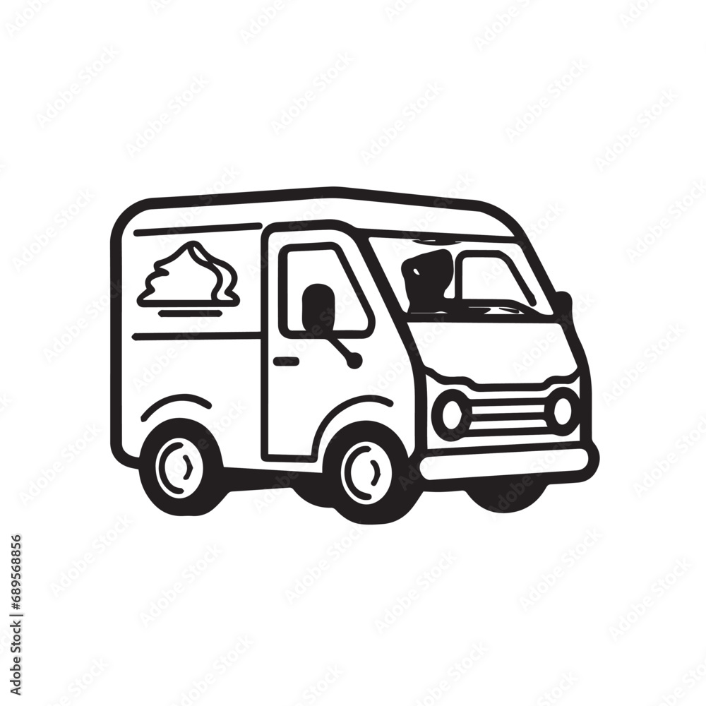 DELIVERY VAN in cartoon, doodle style. Isolated 2d vector illustration in logo, icon, sketch style, Eps 10, black and white. AI Generative