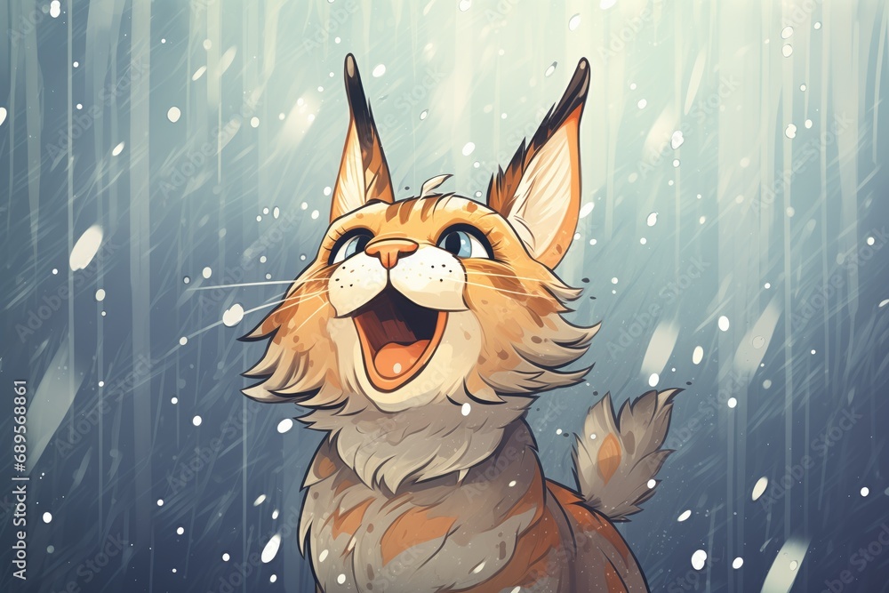 a roaring lynx under falling snowflakes