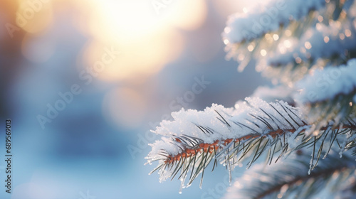 A fir branch with snow covered, frosted pine tree, winter background