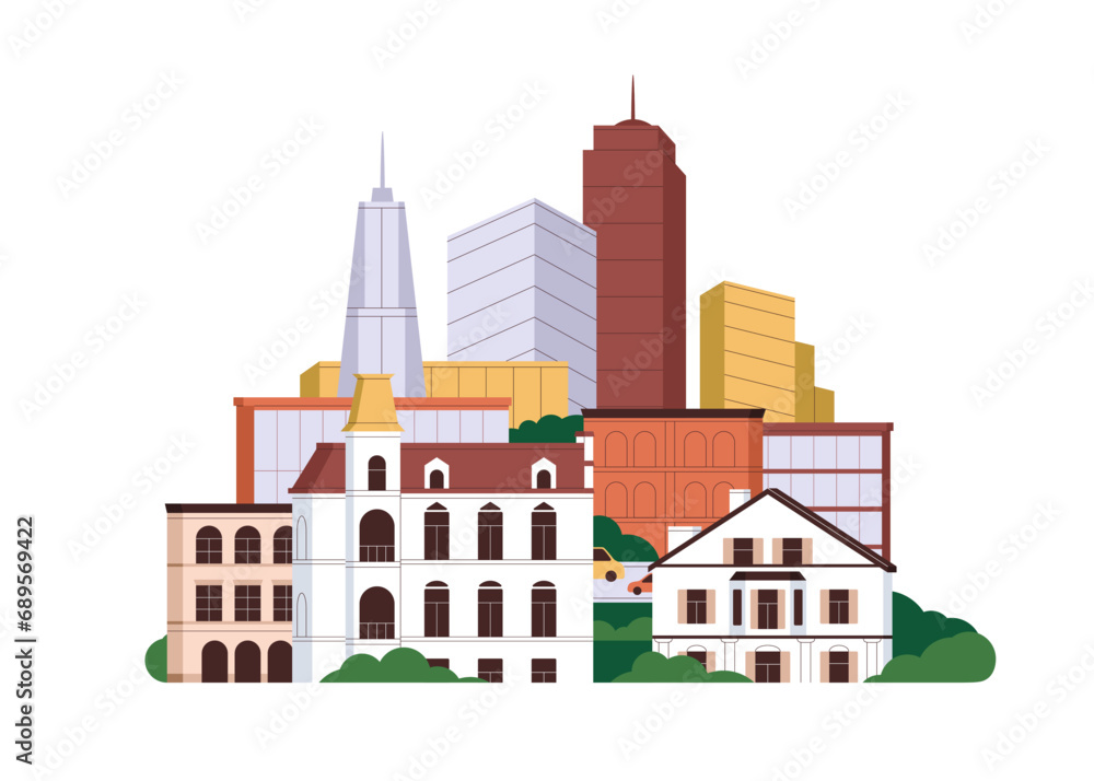 Old and modern architecture in city. High and low-rise buildings in downtown. Skyscrapers behind small houses. Real estate concept. Flat graphic vector illustration isolated on white background