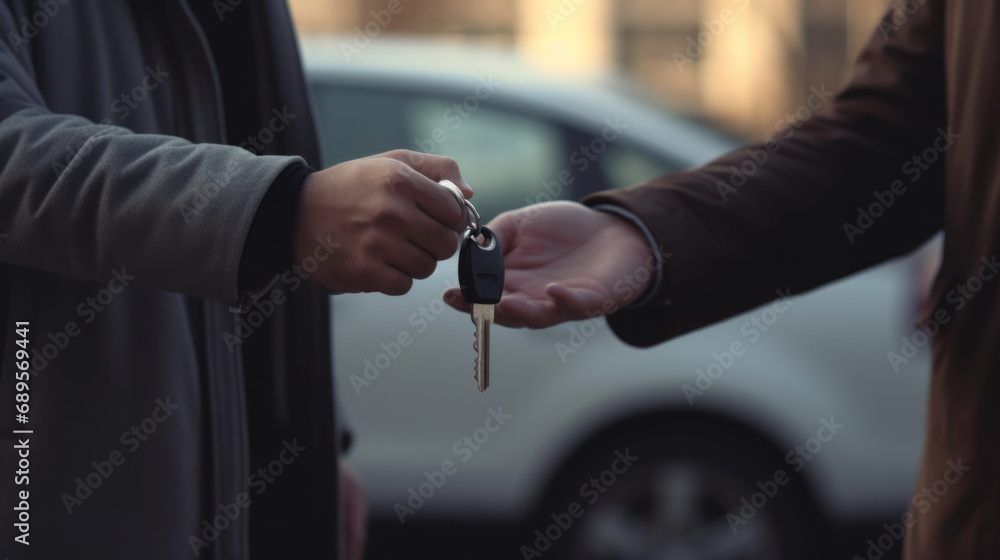 Two hands exchanging car keys. Concept of vehicle purchase.