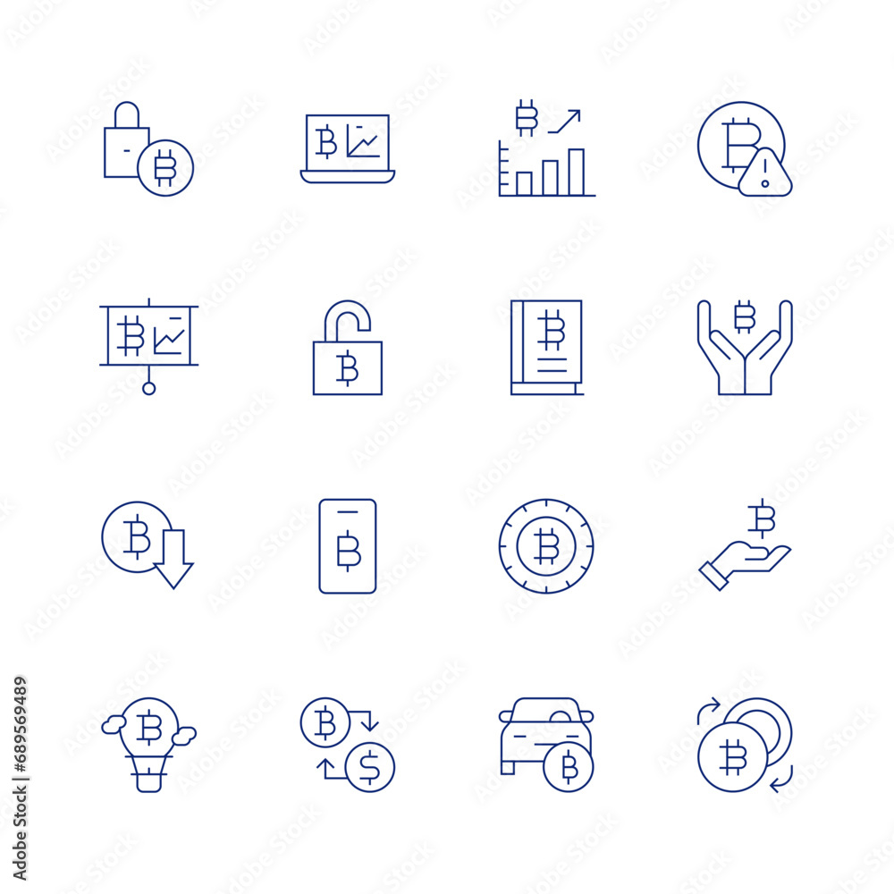 Bitcoin line icon set on transparent background with editable stroke. Containing padlock, presentation, value, hot air balloon, analysis, unlock, smartphone, exchange, statistics, bitcoin.