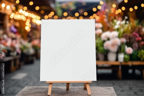 Blank white billboard stand on wooden table with blurred bokeh background. photo