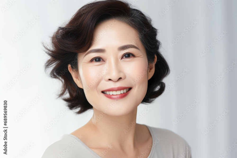 An asian woman smiling in front of a white background. An asian woman smiling in front of a white background.