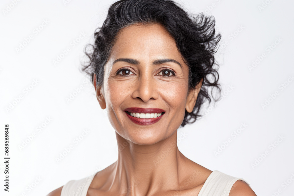 An indian woman smiling in front of a white background. An indian woman smiling in front of a white background.
