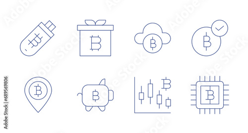 Bitcoin icons. Editable stroke. Containing usb flash drive, location, present, piggy bank, bitcoin, bitcoins, bitcoin accepted.