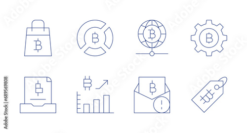 Bitcoin icons. Editable stroke. Containing shopping, record, chart, statistics, bitcoin, price tag.