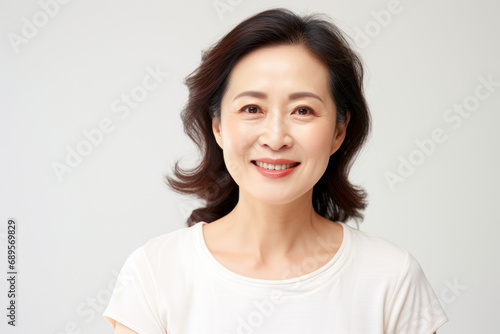 An asian woman smiling in front of a white background.