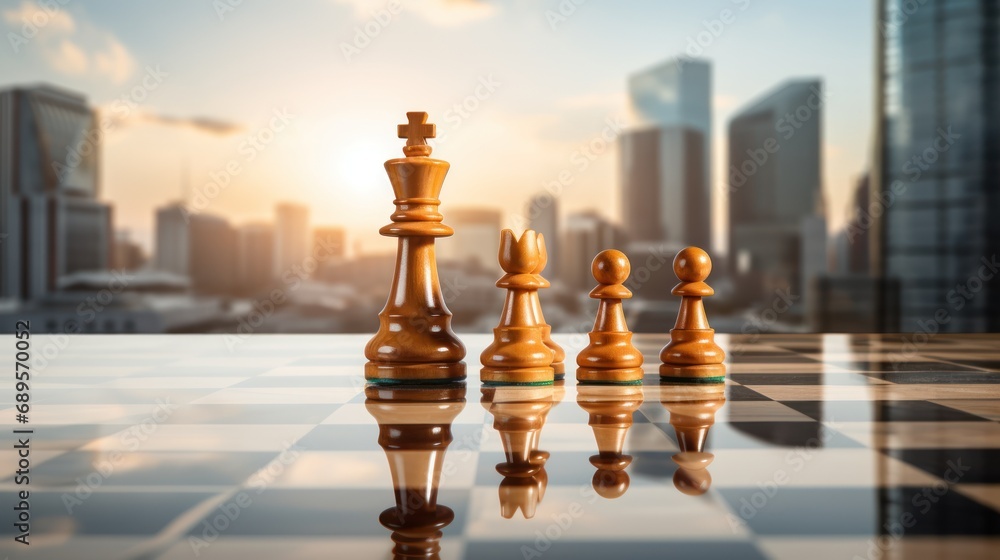 Chess Game Strategy with Urban Skyline Background - obrazy, fototapety, plakaty 