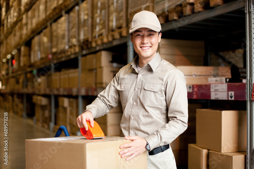 Male Chinese warehouse worker packing a box photo