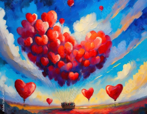 Concepto de San Valentín, cielo con globos de corazones en un cielo vibrante, pintura al óleo  photo