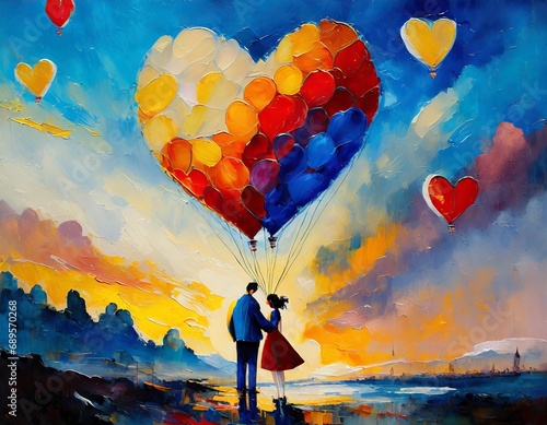 Concepto de San Valentín pareja con globos de corazones en un cielo vibrante, pintura al óleo 