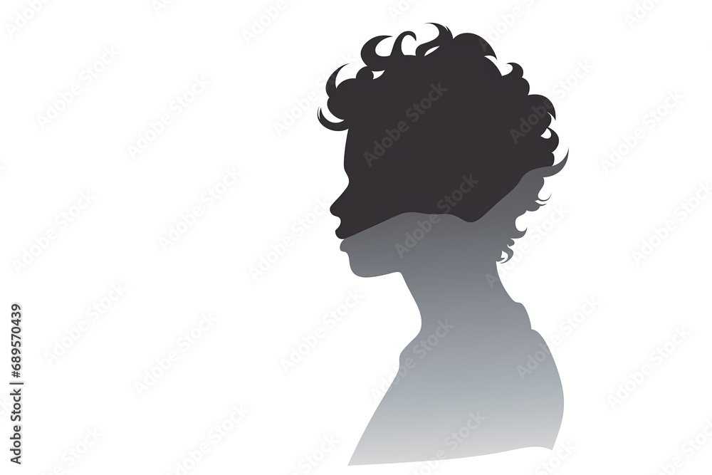 A black and grey silhouette on a white background, isolated. Forward facing. Half face. Shadow figure. Side-drawn. Dark sideways silhouette of a woman. Female shadow-figure. Haze. Hairstyle