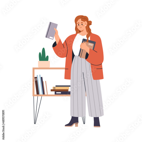 Woman at book shelf, choosing business literature to read, learn. Happy female teacher taking textbooks from bookshelf. Bookcrossing concept. Flat vector illustration isolated on white background